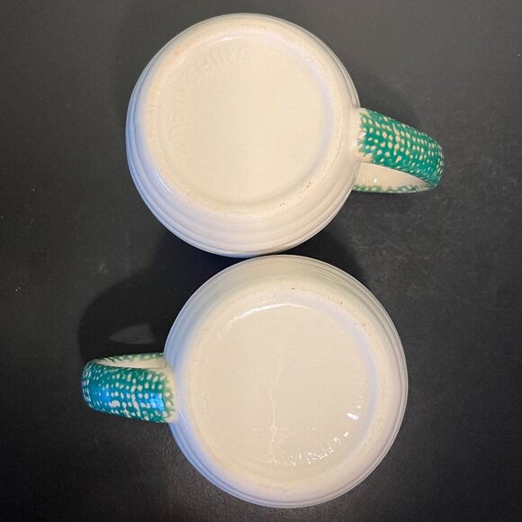 Set of 2 Red Apple w/ Green Spongeware Ribbed Off-White Ceramic Mugs ~ Rustic - Picture 7 of 9